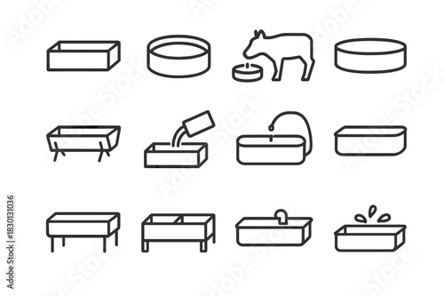 Water Trough Icons. Watering trough. Line icon set of watering trough: rectangular trough, round trough, animal drinking, metal trough, wooden trough, water