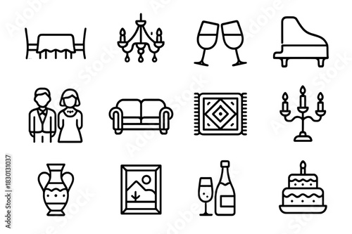Wealthy Family Icons. Wealthy Family Gathering. Line icon set of Wealthy Family Gathering: dining table, chandelier, wine glasses, candelabra, formal attire,