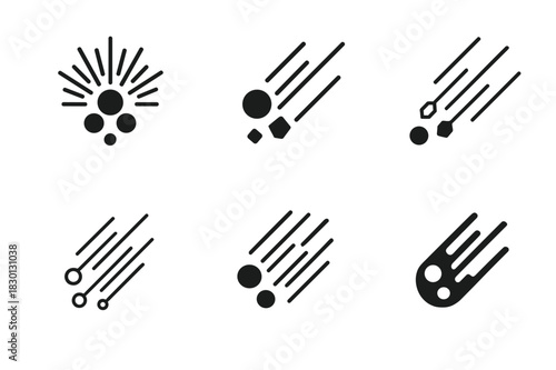 Meteor Shower Logos. Meteor shower. Icon set. Set Logo of meteor shower: Meteor fragments scattering. harmonious logo variations of the same emblematic