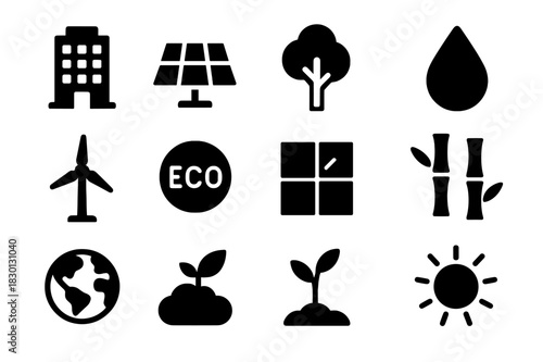 Eco Architecture Icons. Eco Architecture. Solid icon set of Eco Architecture: building, solar panel, tree, water droplet, wind turbine, eco badge, glass wall,