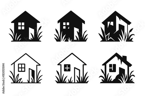 Abandoned House Logos. Dilapidated house with no sign of life. Icon set. Set Logo of abandoned home: overgrown structure. harmonious logo variations of the