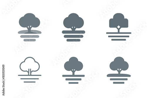 Morning Fog Emblem Set. Morning Fog. Icon set. Set Logo of morning fog: lone tree in fog. harmonious logo variations of the same emblematic concept, each with