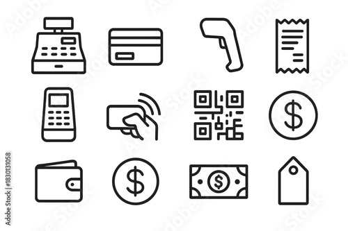 Pos System Icons. Point of Sale. Line icon set of Point of Sale: cash register, credit card, barcode scanner, receipt, terminal, payment tap, QR code, coin,