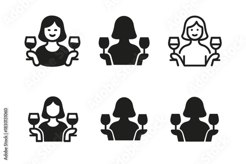 Hostess Logo Variations. Hostess. Icon set. Set Logo of Hostess: person holding wine glasses. harmonious logo variations of the same emblematic concept, each
