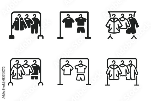 Kids Fashion Icons. Children?s fashion and seasonal clothing. Icon set. Set Logo of kids fashion: clothing rack with seasonal clothes. harmonious