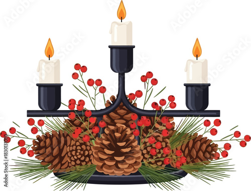 Festive christmas candlestick with pine cones and red berries isolated on white background