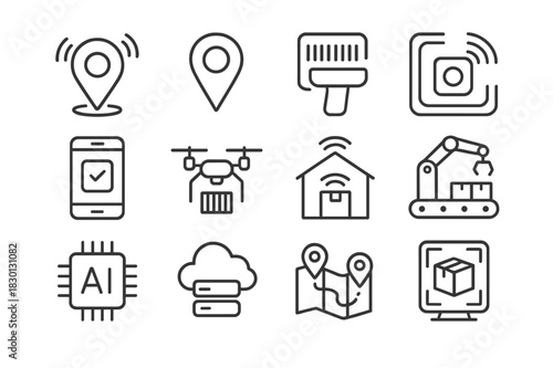 Logistics Icons Set. Logistics Technology. Line icon set of Logistics Technology: tracking device, GPS pin, barcode scanner, RFID tag, mobile app, drone,