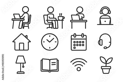 Home Office Icons. People Working from Home. Line icon set of People Working from Home: laptop, desk, chair, coffee cup, notebook, lamp, house,