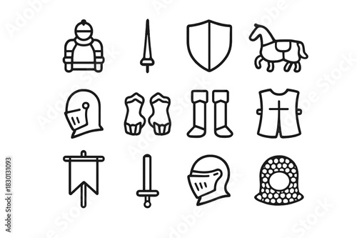 Tournament Knight Icons. Tournament Knight. Line icon set of Tournament Knight: armored knight, lance, shield, horse, helmet, gauntlets, boots, tabard, banner,