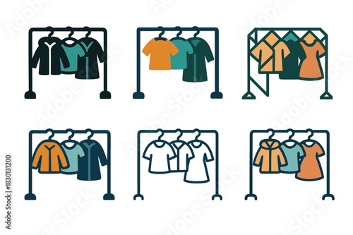 Kids Fashion Icons. Children?s fashion and seasonal clothing. Icon set. Set Logo of kids fashion: clothing rack with seasonal clothes. harmonious