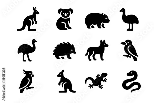Australian Wildlife Icons. Australian wildlife. Solid icon set of Australian wildlife: kangaroo, koala, wombat, platypus, emu, echidna, dingo, kookaburra,