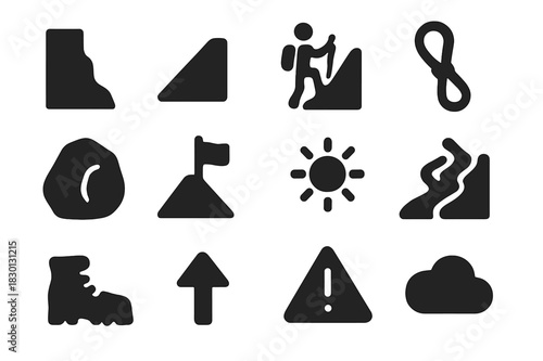 Steep Terrain Icons. Steep terrain. Solid icon set of steep terrain: cliff, slope, hiker, rope, rock, flag, sun, path, boot, arrow, warning sign, cloud. Filled