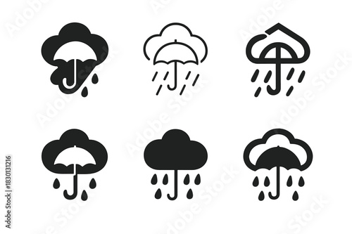 Rain Logo Variations. Rain. Icon set. Set Logo of rain: umbrella and cloud silhouette. harmonious logo variations of the same emblematic concept, each with
