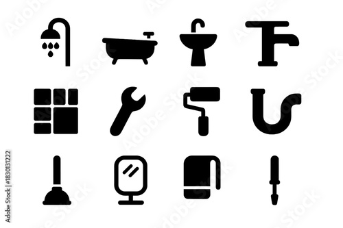Bathroom Renovation Icons. Bathroom renovation. Solid icon set of bathroom renovation: shower, bathtub, sink, faucet, tile, wrench, paint roller, pipe,