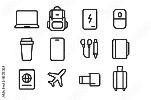 Travel Icon Set. Laptop On The Go Travel Setups. Line icon set of Laptop On The Go Travel Setups: laptop, backpack, power bank, portable mouse, travel mug,
