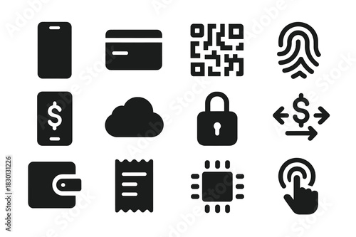 Digital Banking Icons. Digital Banking. Solid icon set of Digital Banking: smartphone, credit card, QR code, fingerprint, mobile app, cloud, padlock, money