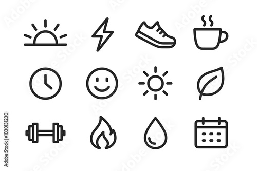 Morning Energy Icons. Morning energy. Line icon set of morning energy: sunrise, lightning bolt, running shoe, coffee cup, clock, smile, light rays, leaf,