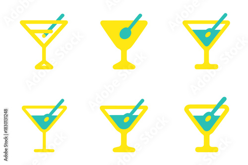 Neon Martini Icon Set. Home bar and entertainment area design. Icon set. Set Logo of home bar and entertainment area design: Neon-style martini icon.