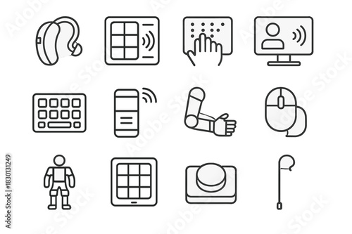 Assistive Technology Icons. Assistive Technology. Line icon set of Assistive Technology: hearing aid, speech device, braille reader, screen reader, adaptive