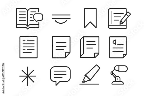Book Annotation Icons. Book annotation. Line icon set of book annotation: note in margin, underlined text, bookmark tag, pencil on book, page with notes,