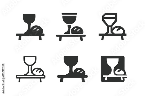 Last Supper Logos. Last Supper. Icon set. Set Logo of Last Supper: chalice and bread on table. harmonious logo variations of the same emblematic concept, each