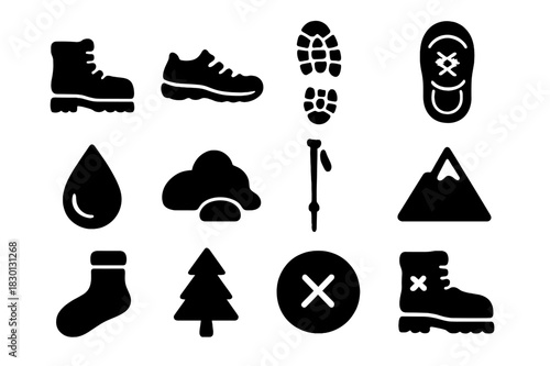 Outdoor Shoes Icons. Outdoor shoes. Solid icon set of outdoor shoes: boot, trail, mud, footprint, laces, water droplet, rock, hiking pole, mountain, sock,