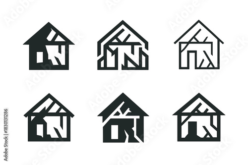 Abandoned House Icons. Dilapidated house with no sign of life. Icon set. Set Logo of abandoned home: skeletal frame. harmonious logo variations of the same