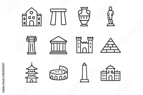 Heritage Icon Collection. Heritage Preservation. Line icon set of Heritage Preservation: heritage building, ancient monument, artifact, statue, pillar, temple,