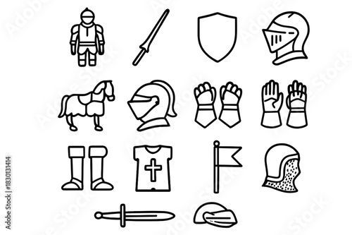 Tournament Knight Icons. Tournament Knight. Line icon set of Tournament Knight: armored knight, lance, shield, horse, helmet, gauntlets, boots, tabard, banner,