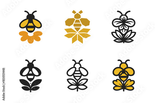 Bee Garden Logos. Flowering garden and bees. Icon set. Set Logo of flowering garden and bees: flower and bee symmetry. harmonious logo variations of the same