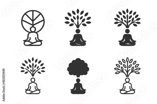Nature Meditation Logos. Nature relaxation. Icon set. Set Logo of nature relaxation: Meditation under tree. harmonious logo variations of the same emblematic