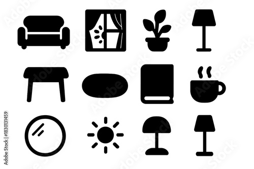Cozy Interior Icons. Cozy interior. Solid icon set of Cozy interior: sofa, window, curtain, sunlight, plant, floor lamp, table, rug, book, cup, reflection,