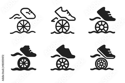 Triathlon Logo Variations. Triathlon. Icon set. Set Logo of triathlon: wave, wheel, and shoe. harmonious logo variations of the same emblematic concept, each