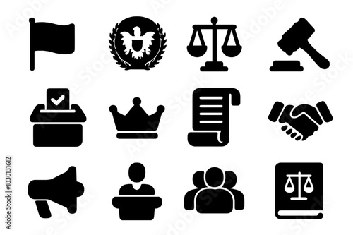 Political Symbols Icons. Political symbols. Solid icon set of Political symbols: flag, emblem, scales, gavel, ballot box, crown, constitution scroll,