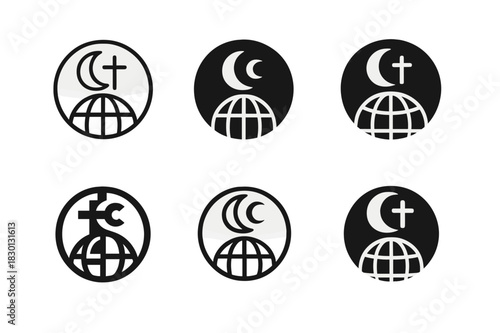 Religion Icons in Harmony. The role of religion in shaping cultures. Icon set. Set Logo of religion and culture: sacred symbol circle. harmonious