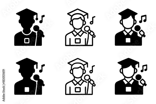 School Singing Logos. Singing for musical productions in schools. Icon set. Set Logo of singing for musical productions in schools: Student holding a