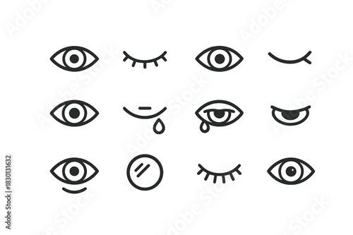 Eye Expression Icons. Eye expressions. Line icon set of eye expressions: open eye, closed eye, teardrop, wink, wide eye, sleepy eye, crying eye, angry eye,