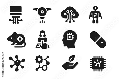 Future Technologies Icons. Future technologies. Solid icon set of Future technologies: quantum computer, floating AI drone, AI cloud, self-replicating robot,