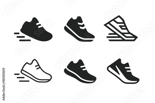Fitness Shoe Icons. Fitness. Icon set. Set Logo of fitness: running shoe icon. harmonious logo variations of the same emblematic concept, each with different