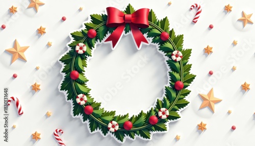 Christmas wreath with red ribbon and decorative stars on white background  