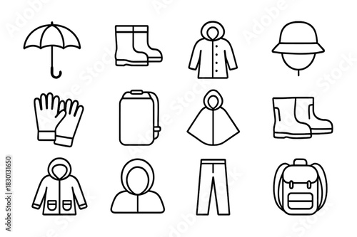 Rainy Day Essentials. Rainy Accessories. Line icon set of Rainy Accessories: umbrella, rain boots, raincoat, hat, gloves, waterproof bag, poncho, galoshes,