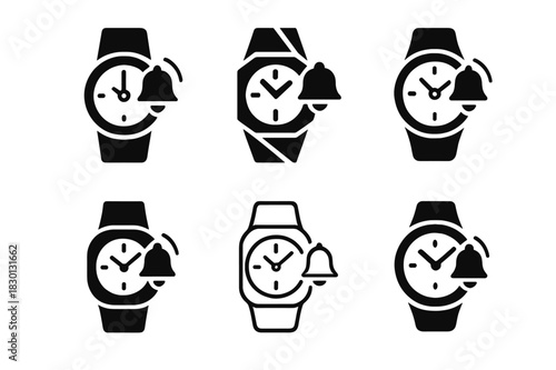 Time Management Icons. Mastering time management with technology. Icon set. Set Logo of time management: smartwatch reminder alert. harmonious logo variations
