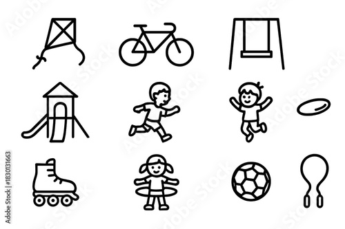 Outdoor Fun Icons. Outdoor Fun. Line icon set of Outdoor Fun: kite, bicycle, skateboard, swing, playground slide, running child, jumping kid, frisbee, roller