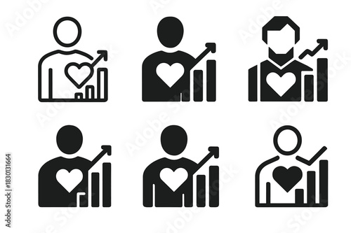 Wellness Logo Variations. Personalized wellness plans. Icon set. Set Logo of personalized wellness plans: Person with heart and chart. harmonious
