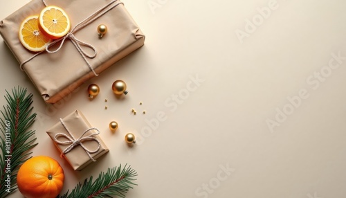 Wrapped holiday gifts with oranges and gold decorations on tabletop  
