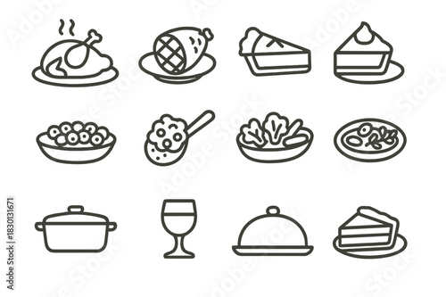 Festive Food Icons. Festive food. Line icon set of festive food: roast turkey, glazed ham, pumpkin pie, cranberry dish, stuffing scoop, steamed veggies, plate