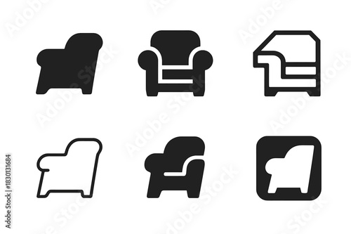 Armchair Logo Collection. Armchair armrest. Icon set. Set Logo of armchair design: classic armchair profile. harmonious logo variations of the same emblematic