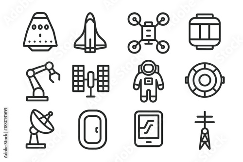 Space Station Icons. Space station vehicles. Line icon set of space station vehicles: capsule, shuttle, maintenance drone, cargo module, robotic arm, solar