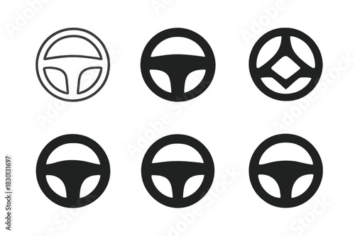 Driving Logo Icon Set. Driving. Icon set. Set Logo of Driving: Steering Wheel. harmonious logo variations of the same emblematic concept, each with different