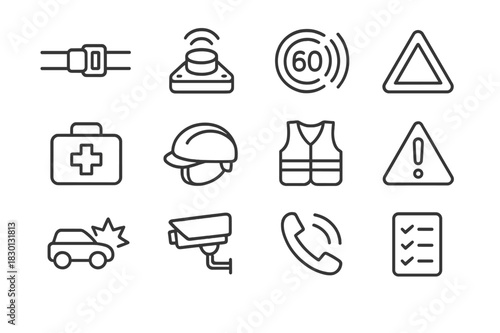 Transport Safety Icons. Transport Safety Apps. Line icon set of Transport Safety Apps: seatbelt, emergency button, speed limit alert, hazard triangle, first